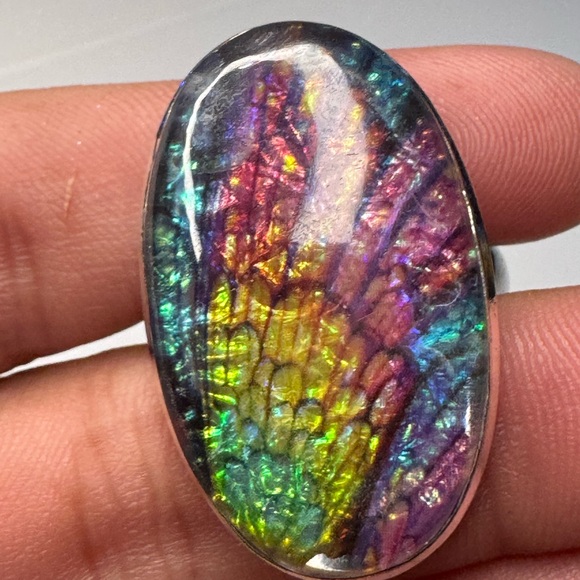 RARE Titanium Feather Doublet 925 Silver Plate Ring. Size 12 - Picture 2 of 7